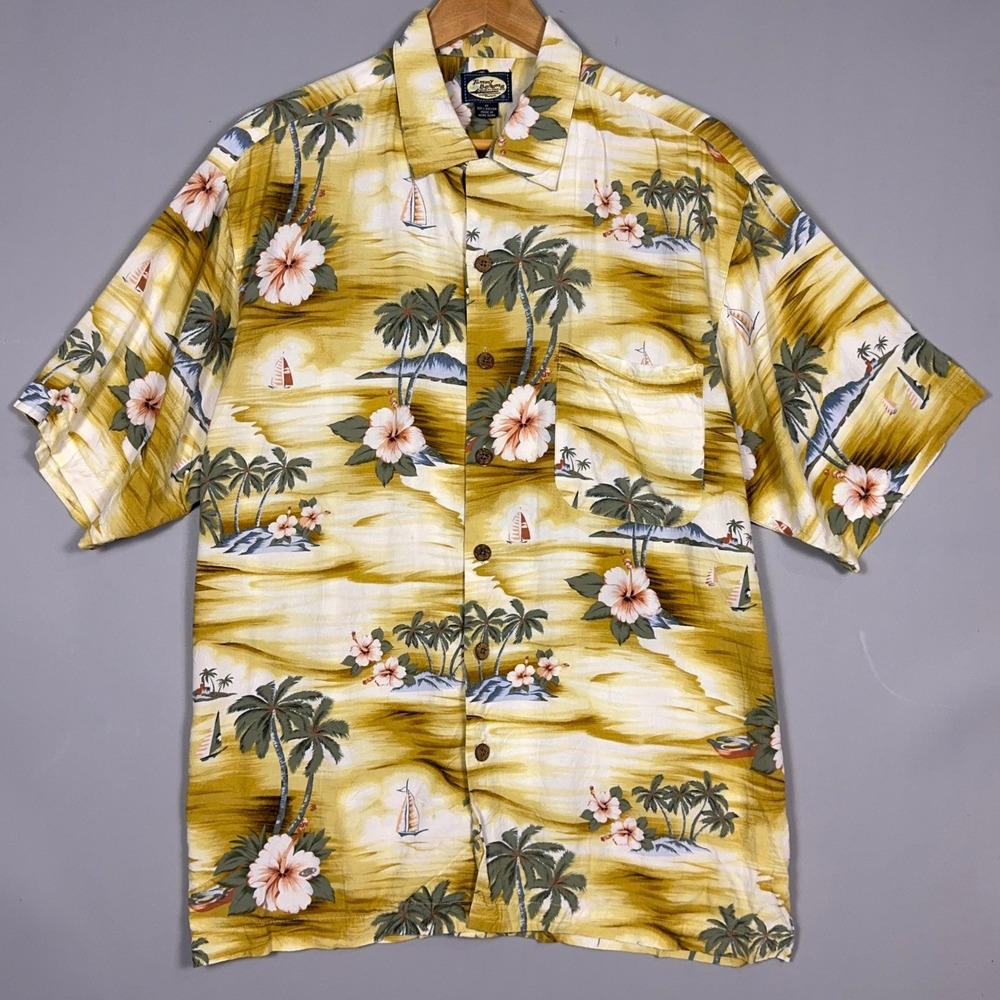 Vintage 90s Tommy Bahama Rayon Floral Shirt Mens Medium Tropical Yellow Hawaiian